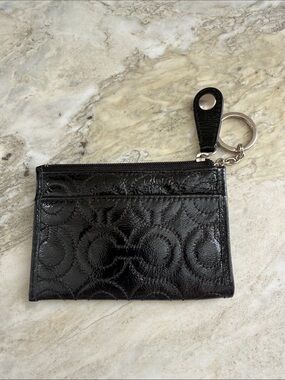 Coach Black Patent Circle-Embossed Card Wallet with Keyring